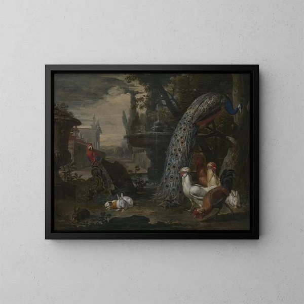Tiere in einem Garten - David de Coninck — gerahmtes Bild an der Wand