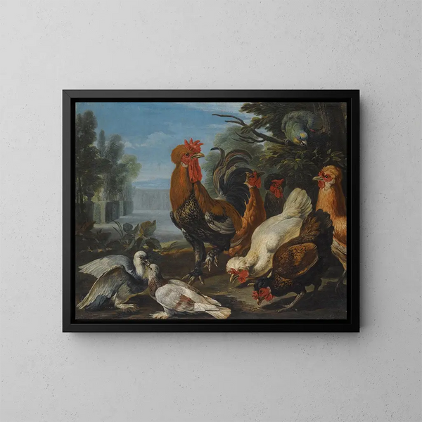 Enten, Hamster und ein Kaninchen in einer bewaldeten Landschaft am Seeufer - David de Coninck — gerahmtes Bild an der Wand