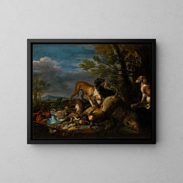 Jagdstillleben mit Hunden - David de Coninck — gerahmtes Bild an der Wand