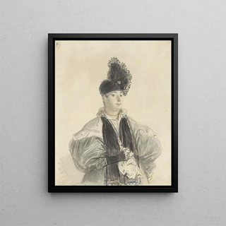 Denis Auguste Marie Raffet - Portret van een staande dame met zwarte shawl en zwarte hoed.webp