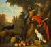 Zwei Aras, ein Kakadu, eine Krähe mit rotem Schnabel und andere Vögel in einer Landschaft mit Früchten - Jakob Bogdny — Ansicht des Kunstwerks