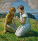 Two young girls with a butterfly - Harold Harvey — artwork view