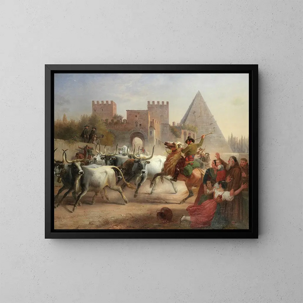 Conduzione del bestiame davanti alla Porta San Paolo e alla piramide di Cestius a Roma - Dietrich Wilhelm Lindau — quadro incorniciato alla parete