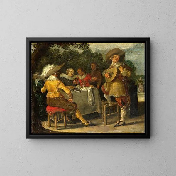 Eine Feier im Freien - Dirck Hals — gerahmtes Bild an der Wand