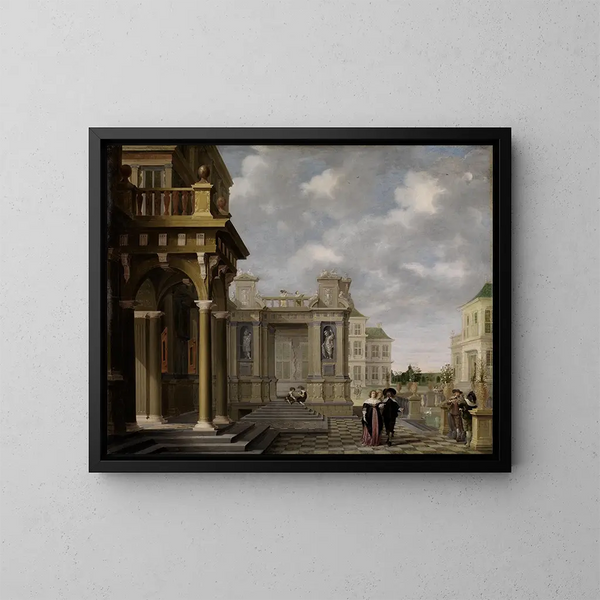 Corte del giardino di un palazzo - Dirck van Delen — quadro incorniciato alla parete