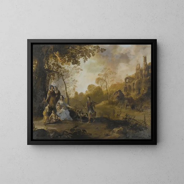 Ein allegorisches Familienporträt in einer Landschaft - Dirck van der Lisse — gerahmtes Bild an der Wand