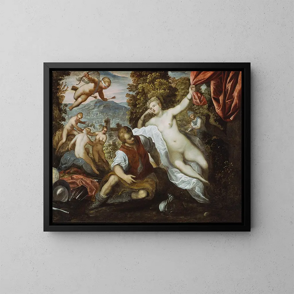 Venere e Marte con Cupido e le Tre Grazie in un paesaggio - Domenico Tintoretto — quadro incorniciato alla parete