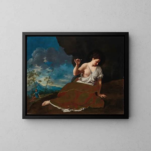 Una giovane donna che tiene un fiore allungato in un paesaggio, un giovane uomo in lontananza. - Donato Creti — quadro incorniciato alla parete