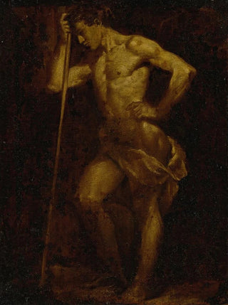 Donato Creti - Nude academic sketch of a man holding a staff en brunaille.webp