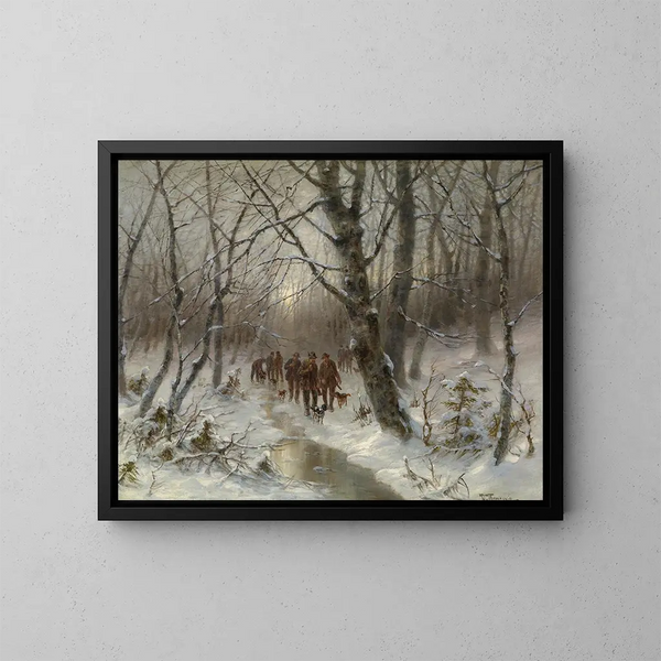 Jäger im Winterwald - Désiré Thomassin — gerahmtes Bild an der Wand