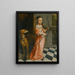 Ritratto di una ragazza in piedi con un vestito rosa, un fiocco e un cane - Scuola Olandese — quadro incorniciato alla parete