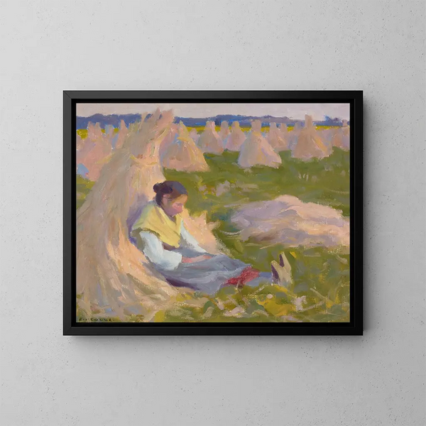 Bauernmädchen sitzend auf Getreidehaufen - Eanger Irving Couse — gerahmtes Bild an der Wand