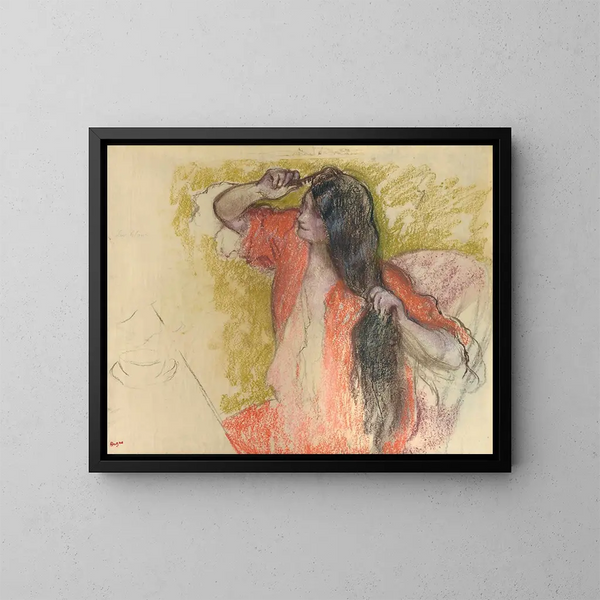 Frau im roten Morgenmantel beim Frisieren - Edgar Degas — gerahmtes Bild an der Wand