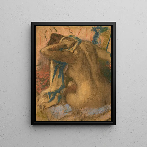 Frau, die sich die Haare trocknet - Edgar Degas — gerahmtes Bild an der Wand