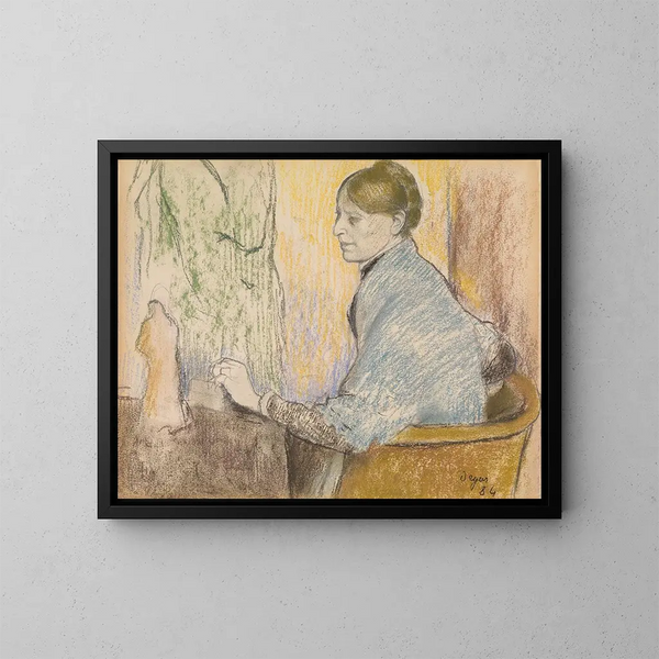 Madame Henri Rouart in einem Sessel vor einem kleinen Tisch mit einer Tanagra-Statue - Edgar Degas — gerahmtes Bild an der Wand