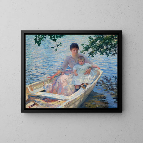 Mutter und Kind in einem Boot - Edmund Charles Tarbell — gerahmtes Bild an der Wand