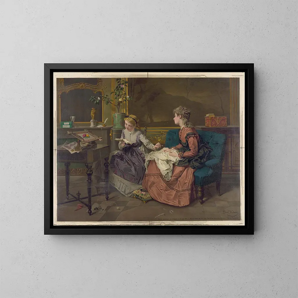 Zwei Mädchen, eines liest, das andere näht - Edmund Foerster Co — gerahmtes Bild an der Wand