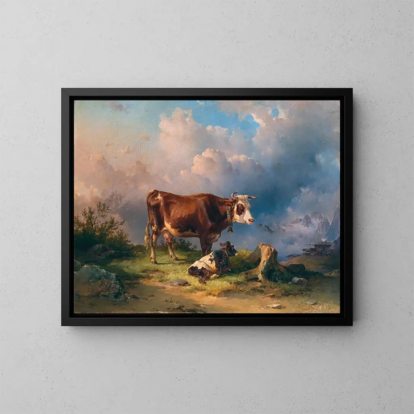 Una mucca con un vitello in un pascolo alpino con sullo sfondo il massiccio del Dachstein - Edmund Mahlknecht — quadro incorniciato alla parete