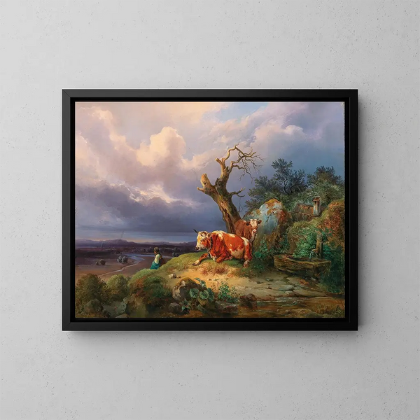 Una pastora con due mucche in un vasto paesaggio - Edmund Mahlknecht — quadro incorniciato alla parete