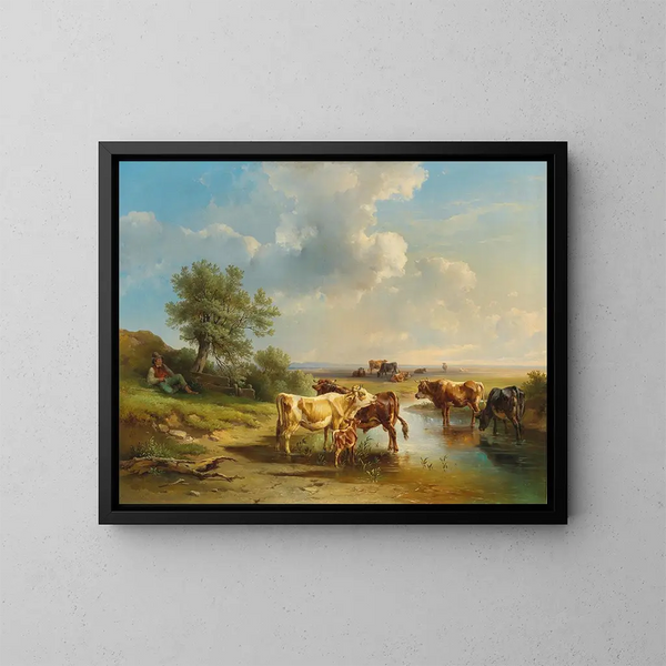 Bergère con un gregge di mucche ai margini del ruscello - Edmund Mahlknecht — quadro incorniciato alla parete