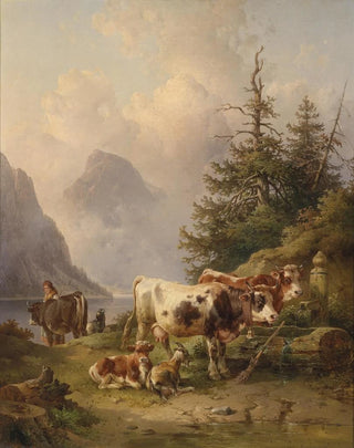 Edmund Mahlknecht - Viehherde mit Hirtin am Seeufer.webp