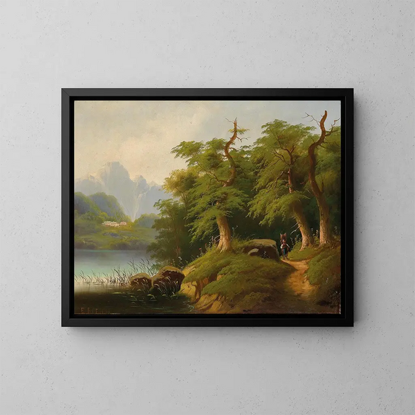 Bergsee mit menschlichen Figuren - Eduard Böhm — gerahmtes Bild an der Wand