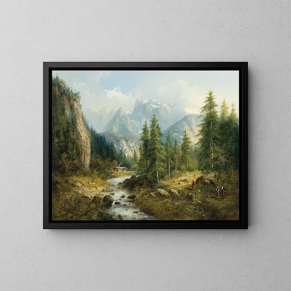 Landschaft mit Bergen und dekorativen Figuren - Eduard Böhm — gerahmtes Bild an der Wand