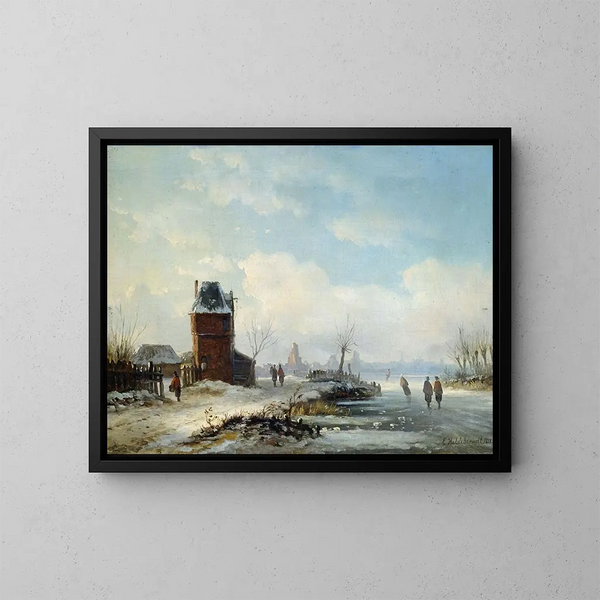 Winterkanal-Landschaft mit Blick auf eine holländische Stadt - Eduard Hildebrandt — gerahmtes Bild an der Wand