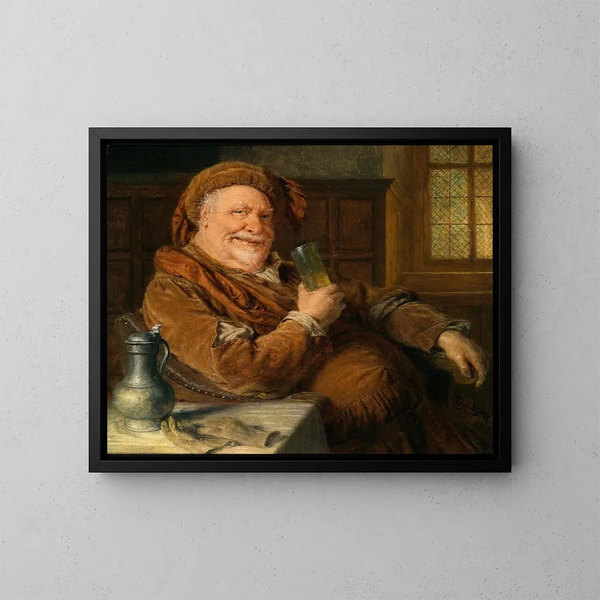 Falstaff mit einer Zinnkrug und einem Weinglas - Eduard von Grützner — gerahmtes Bild an der Wand