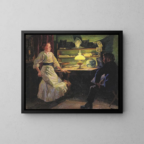 Innen-Gemälde mit Lampenlicht und zwei Figuren - Edvard Weie — gerahmtes Bild an der Wand