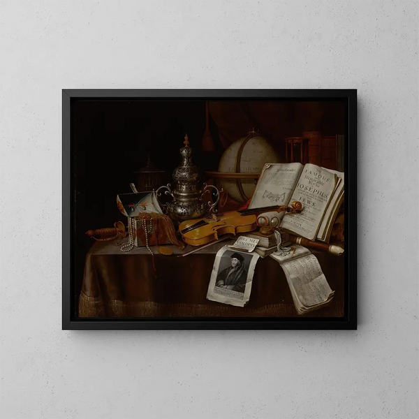 Stillleben Vanitas mit einer Violine, einem silbernen Räuchergefäß, einem Globus, einem Schwert, einer Schmuckdose und Manuskripten - Edwaert Collier — gerahmtes Bild an der Wand
