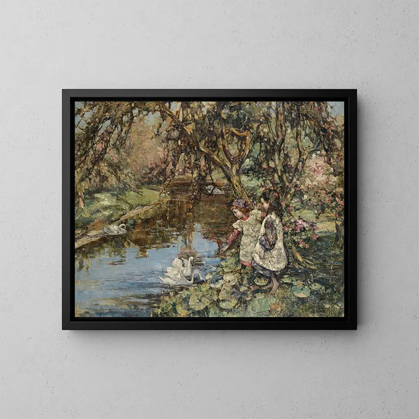 Nourrir les cygnes - Edward Atkinson Hornel — gerahmtes Bild an der Wand