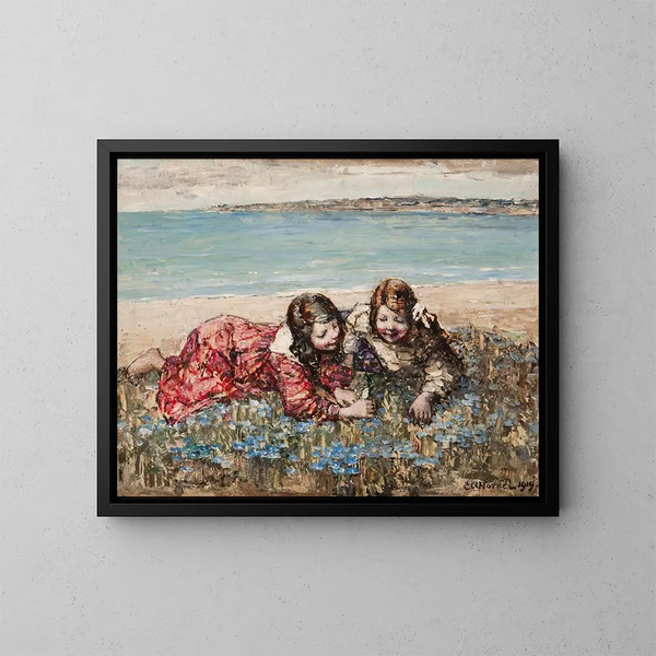 Zusammenstellung von Blumen am Meer - Edward Atkinson Hornel — gerahmtes Bild an der Wand