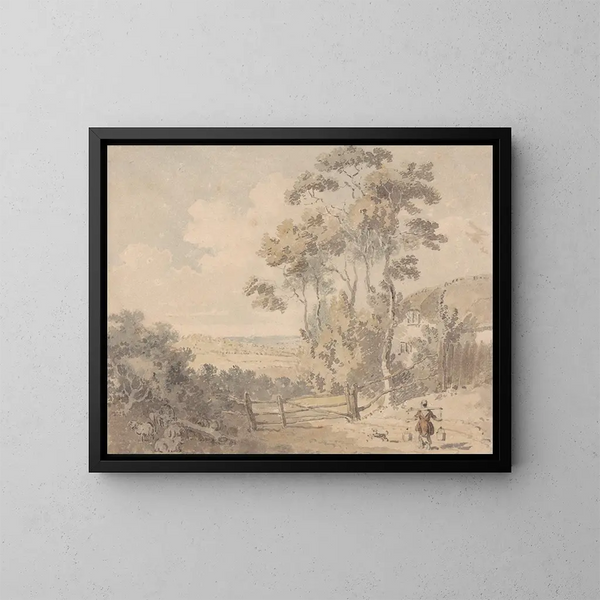 Die Milchmagd und der Hund in einer Landschaft - Edward Dayes — gerahmtes Bild an der Wand