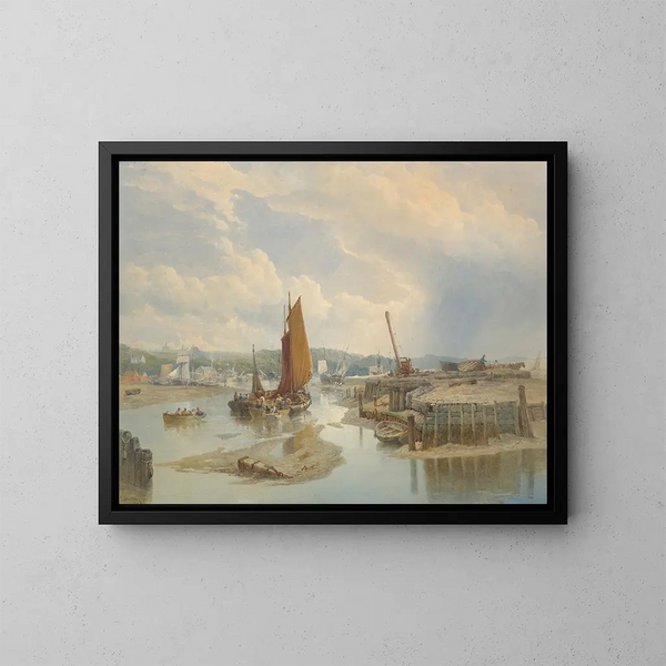Eine Stadt an einer Mündung bei Ebbe - Edward Duncan — gerahmtes Bild an der Wand