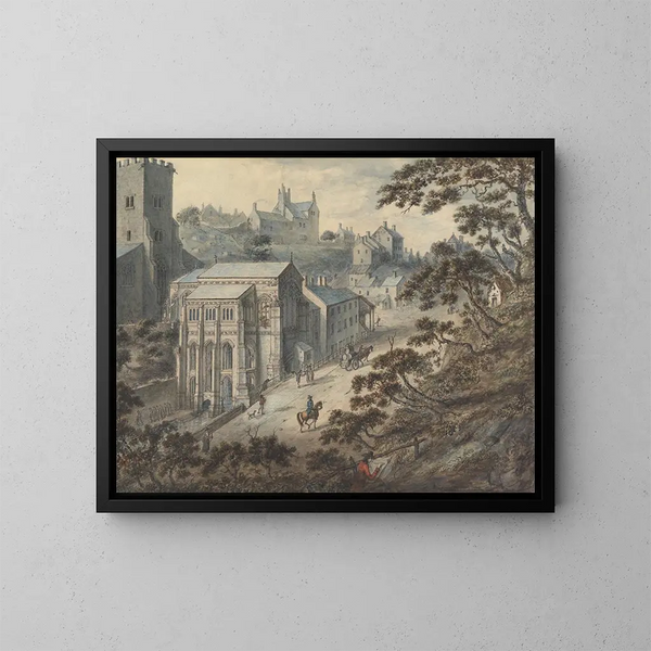 Il pozzo di Sainte Winifred a Holywell, Flintshire, Galles, con l'artista in primo piano - Edward Edwards — quadro incorniciato alla parete