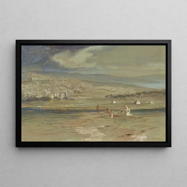 Edward Lear - A view of the city of Hebron with camels and figures in the foreground.webp