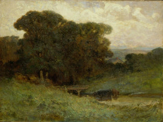 Edward Mitchell Bannister - Untitled forest scene with bridge cows in stream in foreground.webp