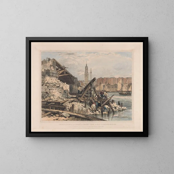Demolizione della grande colonna o della cappella del vecchio ponte di Londra - Edward William Cooke — quadro incorniciato alla parete