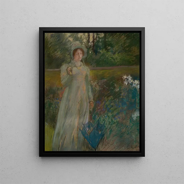 Donna nel giardino - Edwin Austin Abbey — quadro incorniciato alla parete