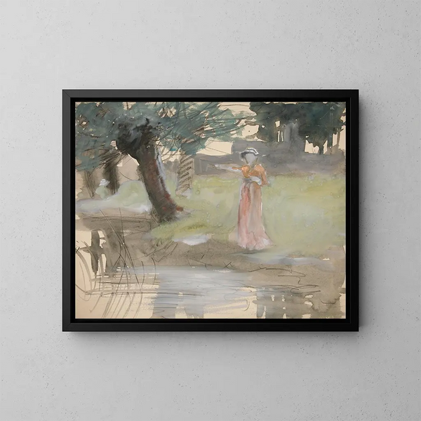 Donna in piedi sul bordo di un fiume - Edwin Austin Abbey — quadro incorniciato alla parete