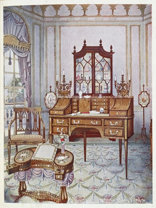 Edwin Foley - Inlaid mahogany cylinderfall china and book case Dshaped satinwood drawing and writing table.webp