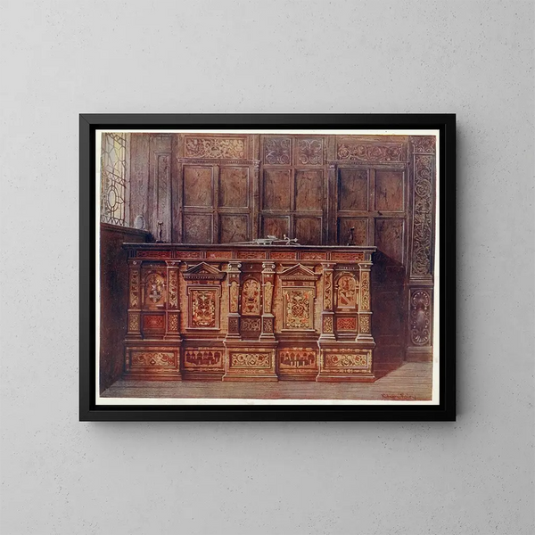 Cassaforte per munizioni intarsiato offerto da Sir Hugh Offley quando era sindaco di Londra nel 1556 alla chiesa di Saint-Marie-Overie, ora cattedrale di Saint-Saviour di Southwark - Edwin Foley — quadro incorniciato alla parete