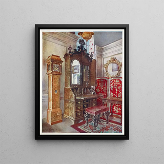 Edwin Foley - Walnut cabinettop scrutoire Inlaid sycamore yellow clock Carved tabouret.webp