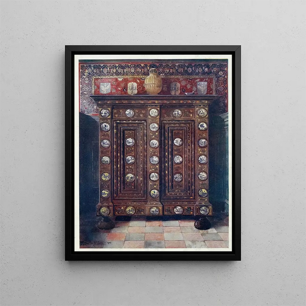 Edwin Foley - Walnut kas inlaid and with painted medallions of Delft ware.webp