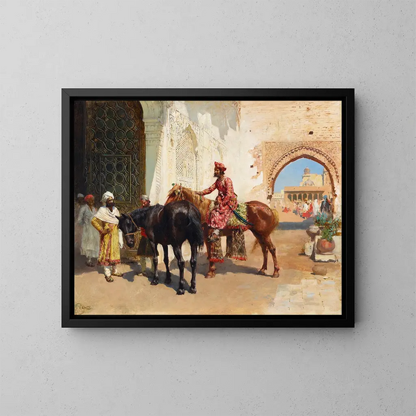 Verkäufer von persischen Pferden in Bombay - Edwin Lord Weeks — gerahmtes Bild an der Wand