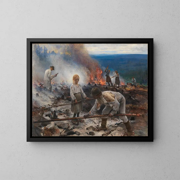 Sotto il giogo, bruciando i cespugli - Eero Järnefelt — quadro incorniciato alla parete