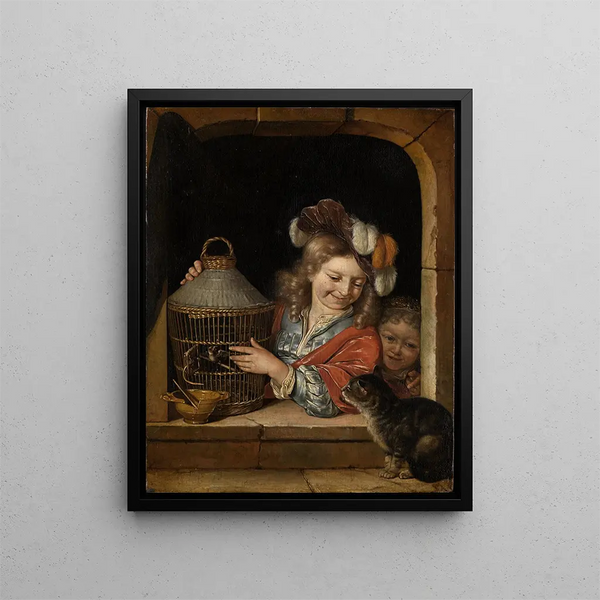 Eglon van der Neer - Children with birdcage and cat.webp