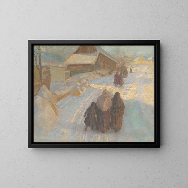 Winter im Dorf - Elemér Halász-Hradil — gerahmtes Bild an der Wand