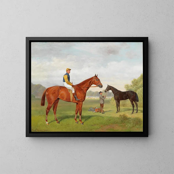 Rul und Kommasszony aus der Erbfolge des Barons Hermann von Knigswarter mit dem Jockey Robert Adams - Emil Adam — gerahmtes Bild an der Wand